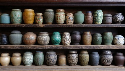 Small, decorative jars in various colors and patterns, neatly arranged on wooden shelves within a display cabinet