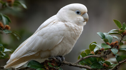White cockatiel parrot perched on green branch closeup tropical exotic bird pet wildlife feather detail calm and peaceful nature background
