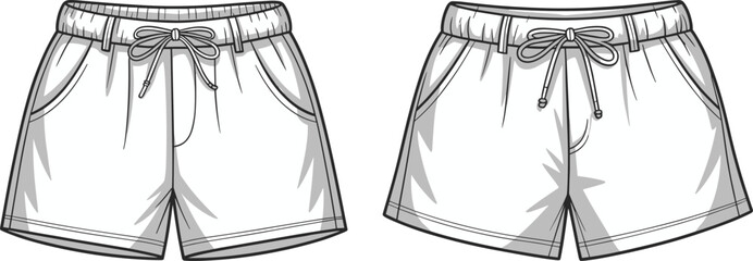 Shorts flat sketch vector, technical cad drawing of casual shorts with drawstring waistband, fashion illustration for apparel design template