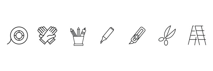 Naklejka premium Art supply tools tape gloves pen marker cutter scissors ladder icon vector illustration for workshop classroom education craft drawing.