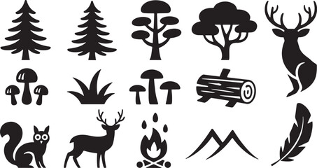 Forest elements including trees animals mushrooms and campfire pine tree deciduous tree