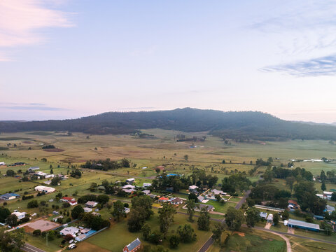 Aerial view of little country village of Broke in Hunter Valley wine region with predawn skies