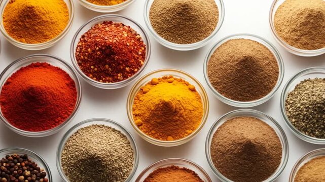 Colorful Spice Variety: Aromatic Powders in Glass Bowls on White Surface, Culinary Ingredient Display