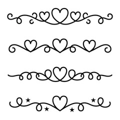 Filigree curly Calligraphic Heart, Fancy Line Flourishes Swirls hearts, curve romantic love separator, Valentines Day divider flourish Swirl, Calligraphy Flourish lettering header hearts scroll