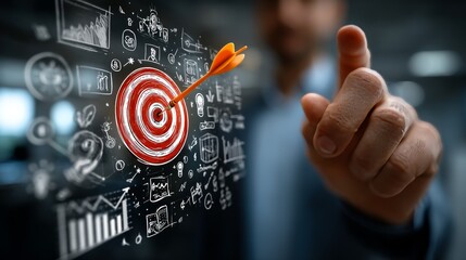 Business professional presenting a target board with an arrow in the center