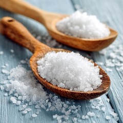 Close-up view of coarse sea salt on two wooden spoons.