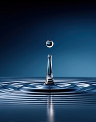 A stunning close-up of a water droplet creating ripples in a serene blue background, capturing nature's beauty.