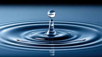 A stunning close-up of a water droplet creating ripples on a serene blue surface.