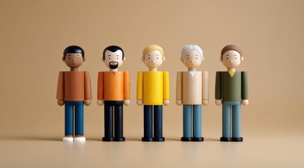 Colorful wooden figurines representing a diverse group of people on a neutral background.