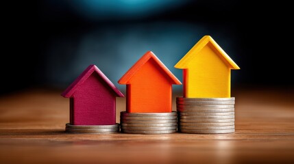 Colorful houses on coins symbolize real estate investment and growth in property markets for financial success.