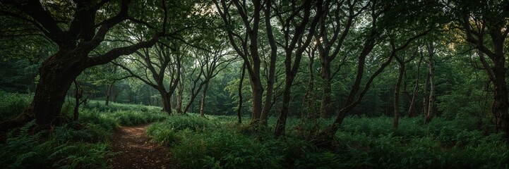 Deep green forest path with overhanging branches and quiet ambiance in untouched natural landscape

