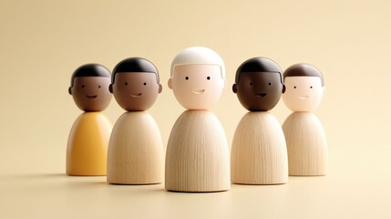 Diverse wooden figures representing unity and community in a minimalist setting with a neutral background.
