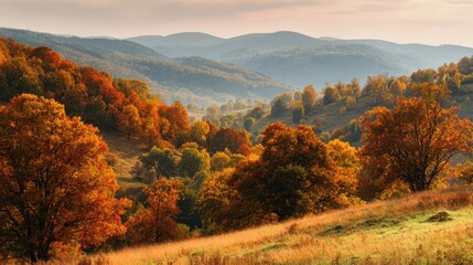 Naklejka premium The vibrant autumn landscape showcasing colorful trees and serene mountains.