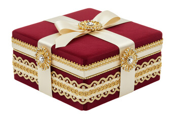 Isolated Opulent Red Velvet Jewelry Box with Gold Trim and a Cream Bow