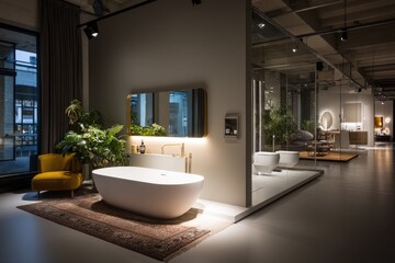 Modern bathroom showroom, showcasing minimalist design