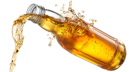 Dynamic Shot of Apple Juice Pouring from a Bottle with Splashes and Bubbles