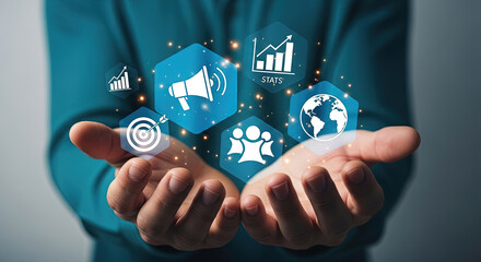 Digital Marketing Strategy: Hands Holding Business Growth Icons for Global Success, Teamwork, and Target Achievement in the Modern World