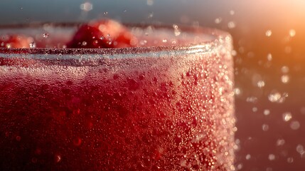 Refreshing close-up of iced berry juice in frosty glass with summer sunlight glow