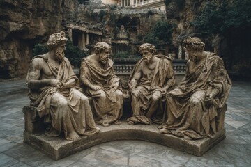Ancient sculpture of four seated philosophers in robes amidst a historical garden