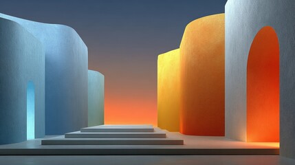 An abstract gradient studio background with colorful concrete pillars and podium