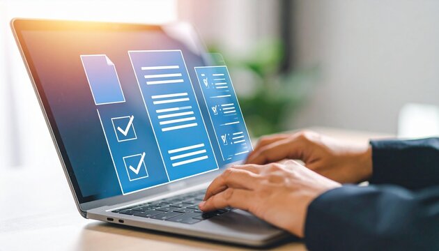 Person using a laptop to complete an online form with documents and checklists appearing on the screen.