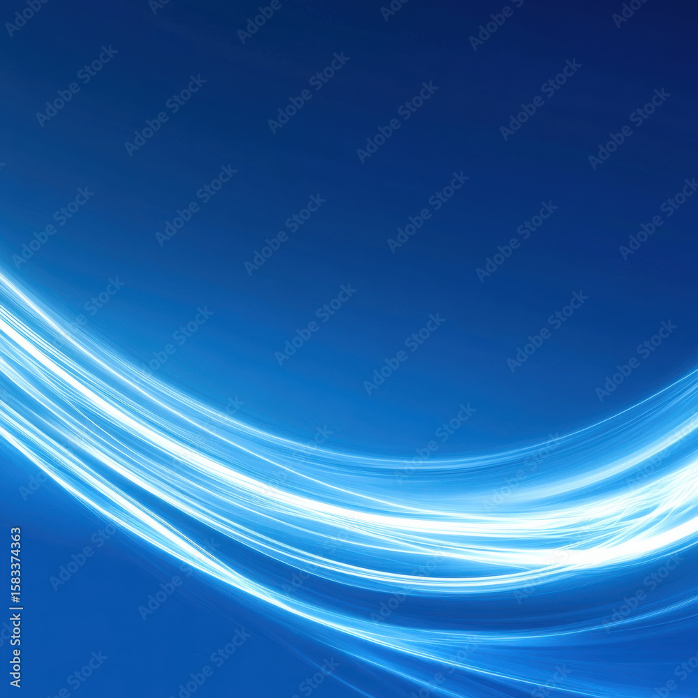 Poster blue background with white glowing curved lines forming abstract waves. dynamic energy flow and move