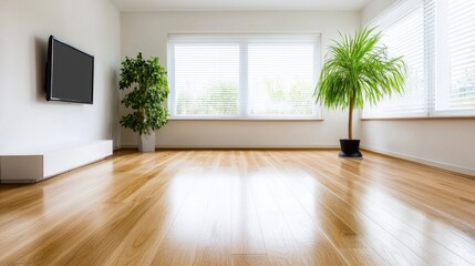 Bright and Minimalist Living Room with Wood Flooring and Green Plant