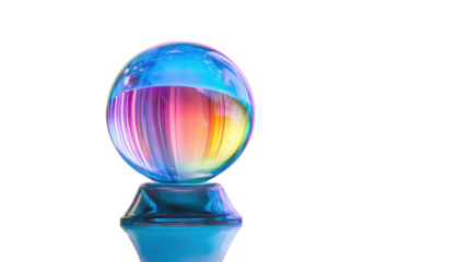 Vibrant crystal ball displaying rainbow light effects on crystal ball on white background 