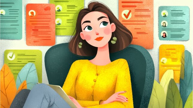 An illustration of a human resource manager using a digital recruitment platform with holographic CVs