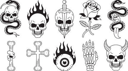 Skull snake rose sword cross bone eyeball skeleton hand devil skull vector