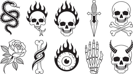 Snake skull dagger rose bone eye hand devil flames tongue