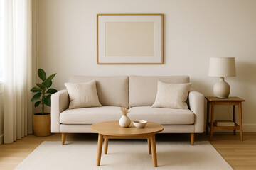 Fototapeta premium Bright minimalist living room with beige sofa, wooden coffee table and natural light – Scandinavian interior style 