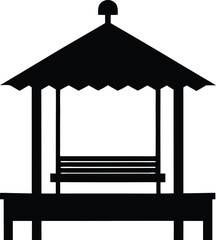 Black and white vector illustration of a cartoon house icon with roof door and wooden design