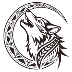 Vector art of a wolf is howling at the moon isolated on white background