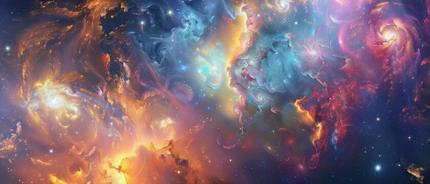 Symbols and archetypes intertwined with swirling nebulas and constellations, representing the search for guidance and meaning in the universe.