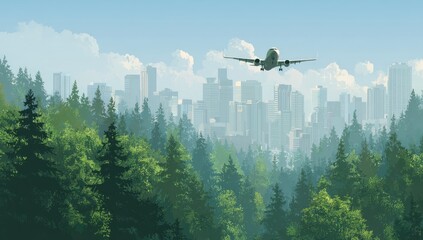 Airplane over city, forest backdrop