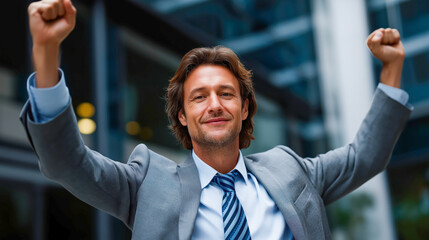 Successful finance concept with growing charts, businesspeople celebrating, digital data, and futuristic corporate environment for prosperity.