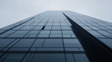Modern Skyscraper in Urban Setting with Glass Facade and Gray Sky