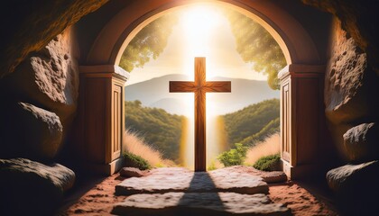 the serene artwork depicts the resurrection with cross open tomb representing faith hope and new beginnings this spiritual image shows the divine love