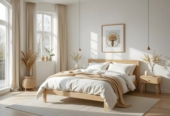 Bright Bedroom Interior with Beige Bedding and Natural Light