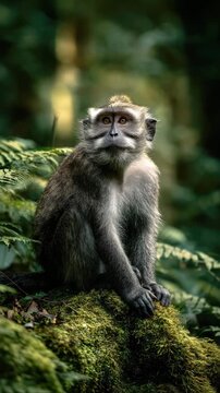 Purple-faced langur Semnopithecus vetulus also purple-faced leaf monkey, Old World monkey that endemic to Sri Lanka, long-tailed arboreal monkey, eating leafs and blossoms in the jungle.