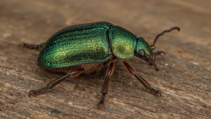 Fototapeta premium Glossy emerald metallic beetle resting on weathered wood, close-up of a leaf beetle species