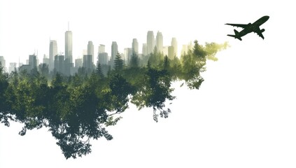 City nestled within a forest, plane in flight