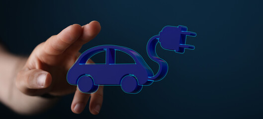 Hand holding a 3D model of an electric car plugged into a charging station.  Clean energy future.