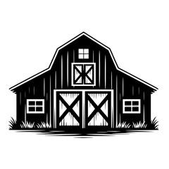 Black and White Vector Silhouette of a Barn with Open Doors