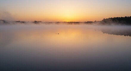 Fototapeta premium Serene Sunrise Over Misty Lake with Calm Water and Foggy Horizon