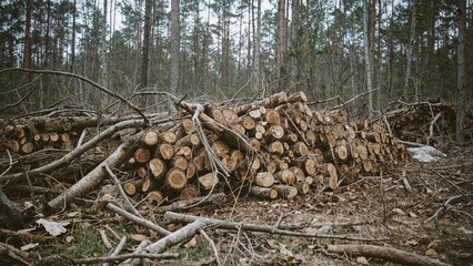 Pile of toppled trees in a forest, start of logging activity, deforestation concept