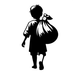 Black and White Vector Silhouette of a Boy Carrying a Sack