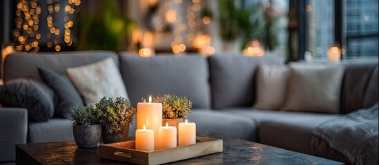 Cozy living room scene with candles and plants