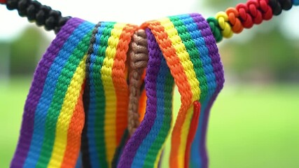 Intertwined Rainbow Colored Ribbons Symbolizing Lgbtq Pride with Blurred Green Background - Powered by Adobe